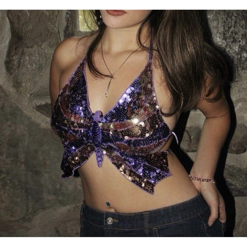 Vintage Y2K Festival Sequin Beaded FairyCore Butterfly Top OS Colorful Vibrant